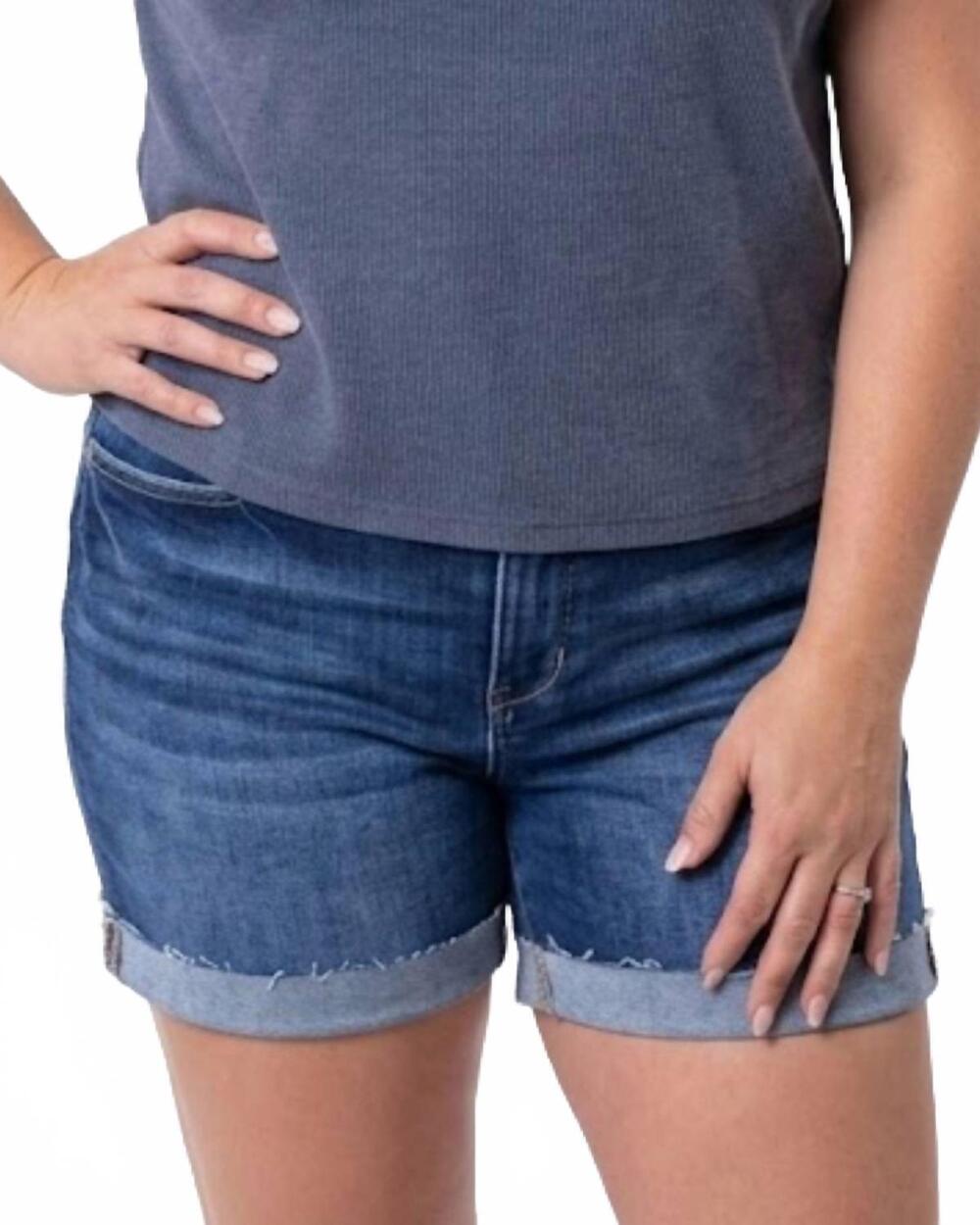 NEW RISEN high rise cuffed shorts in dark wash
